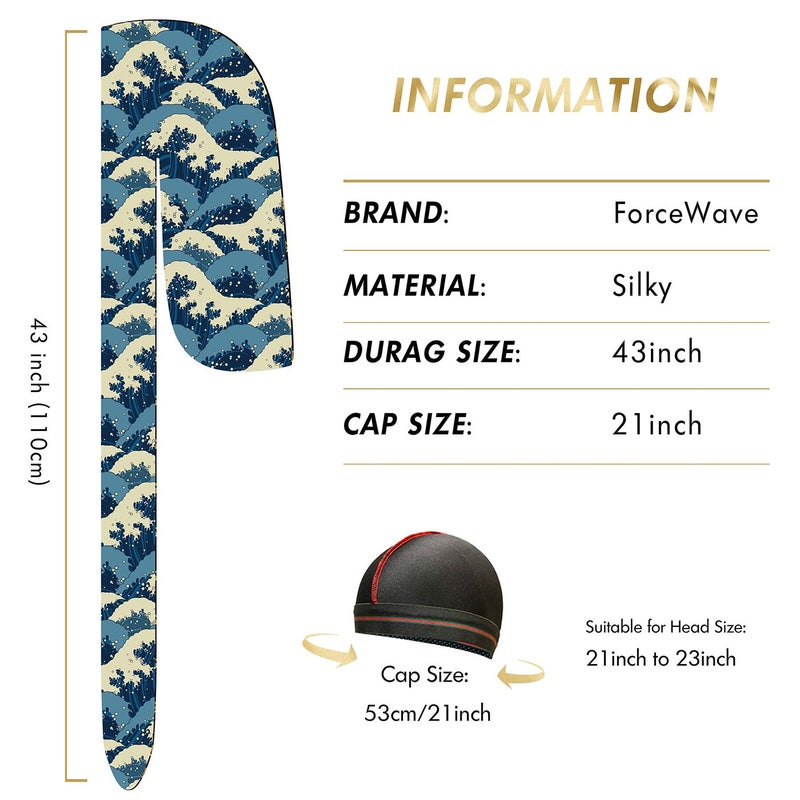 ForceWave 4 قطع دوراج حريري للرجال 360 ويفز، دوراج مصمم، قبعة ويف واحدة (أزرق ويف أزرق أسود أحمر) - Image 2